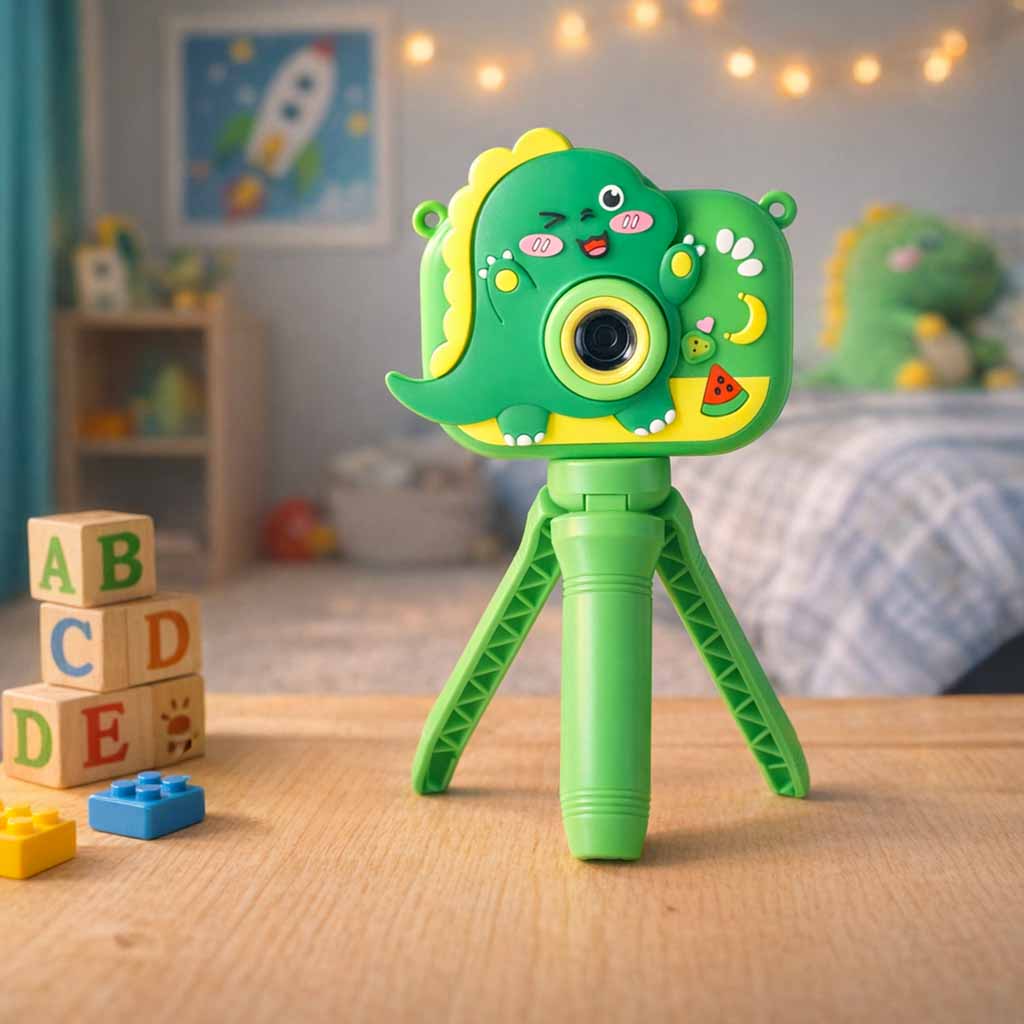Aparat dla dzieci z motywem dinozaura, 1080P, podwójny obiektyw ze statywem – zielony