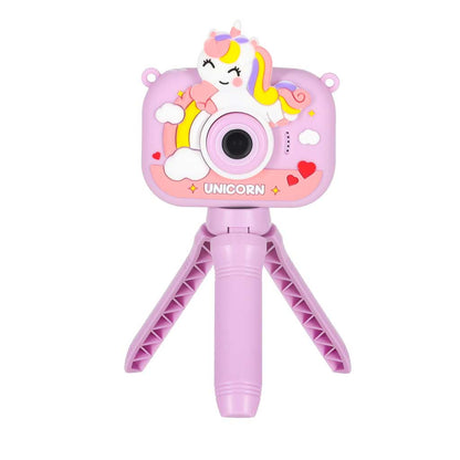 Fioletowy aparat dla dzieci Jednorożec ze statywem i podwójnym obiektywem – 1080P