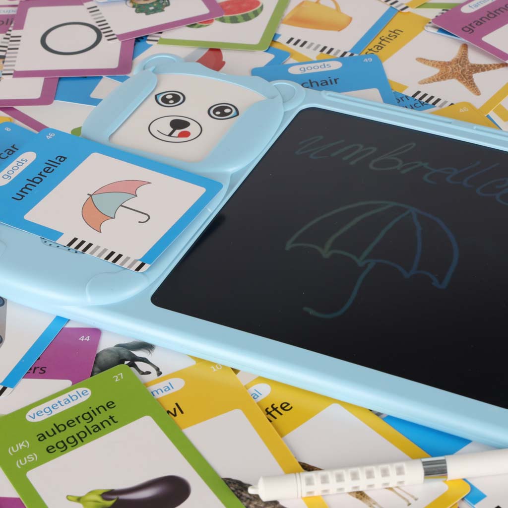Interaktywny czytnik fiszek ze 112 kartami edukacyjnymi i tabletem do pisania LCD