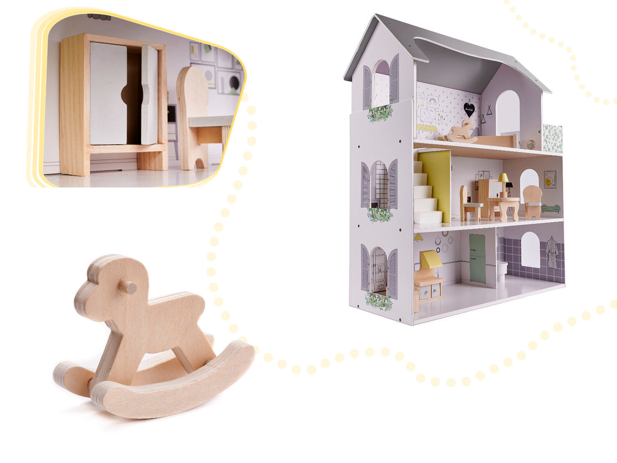 Drewniany domek dla lalek z meblami szary 70cm MDF