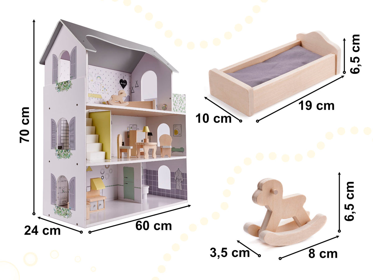 Drewniany domek dla lalek z meblami szary 70cm MDF