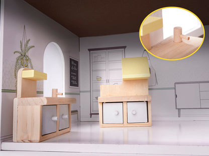 Drewniany domek dla lalek z meblami szary 70cm MDF