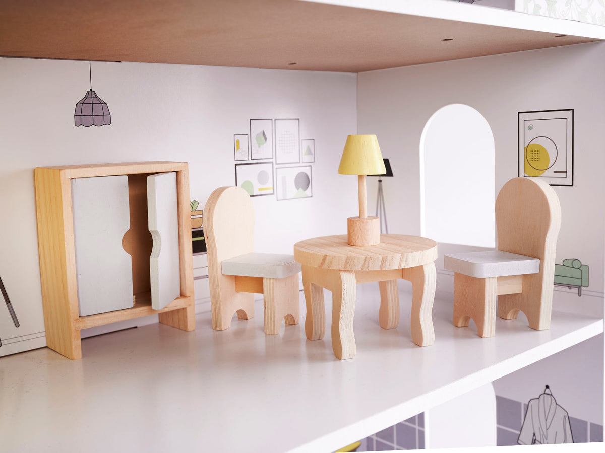 Drewniany domek dla lalek z meblami szary 70cm MDF