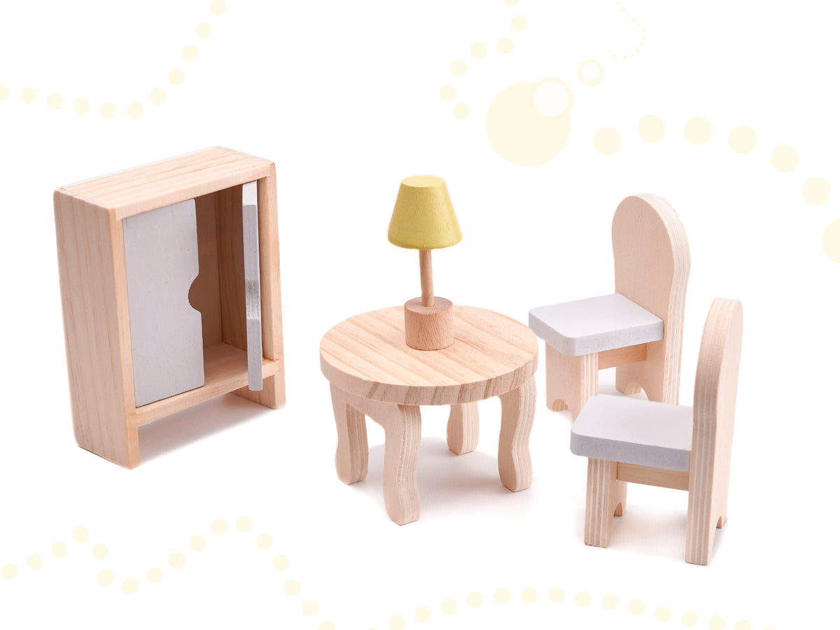 Drewniany domek dla lalek z meblami szary 70cm MDF