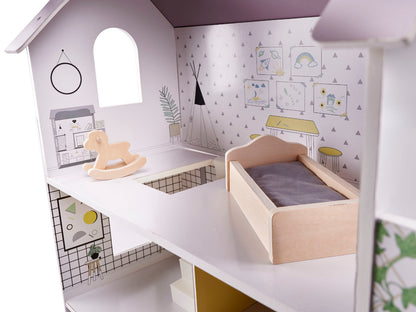 Drewniany domek dla lalek z meblami szary 70cm MDF