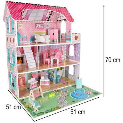 Różowy drewniany domek dla lalek z oświetleniem LED – 70 cm