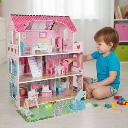 Różowy drewniany domek dla lalek z oświetleniem LED – 70 cm