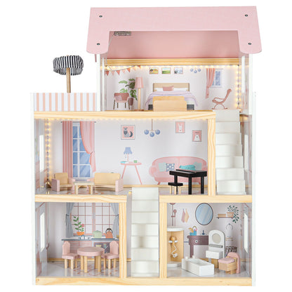 Wooden Dollhouse with Furniture & LED Lights – 78 cm