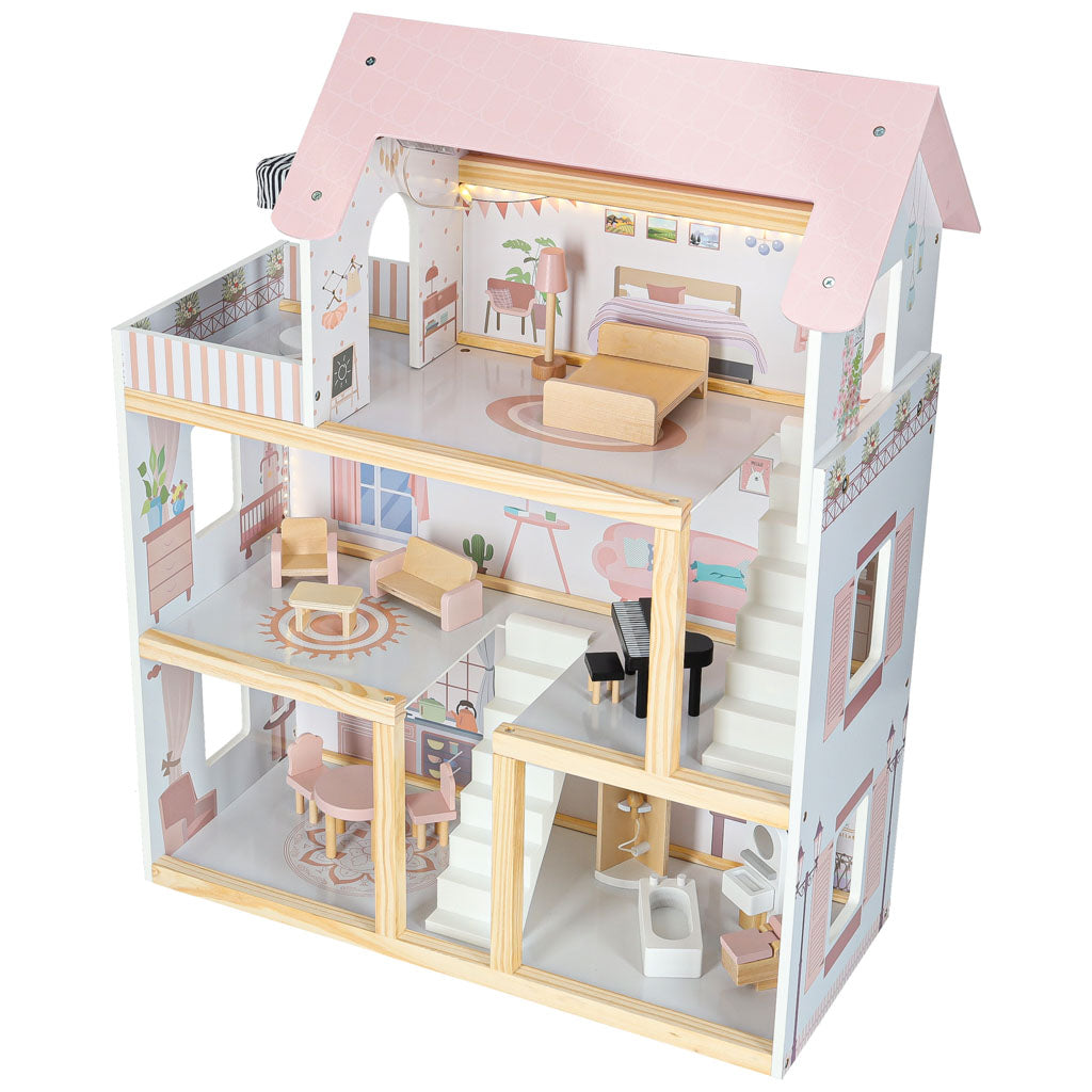 Wooden Dollhouse with Furniture & LED Lights – 78 cm