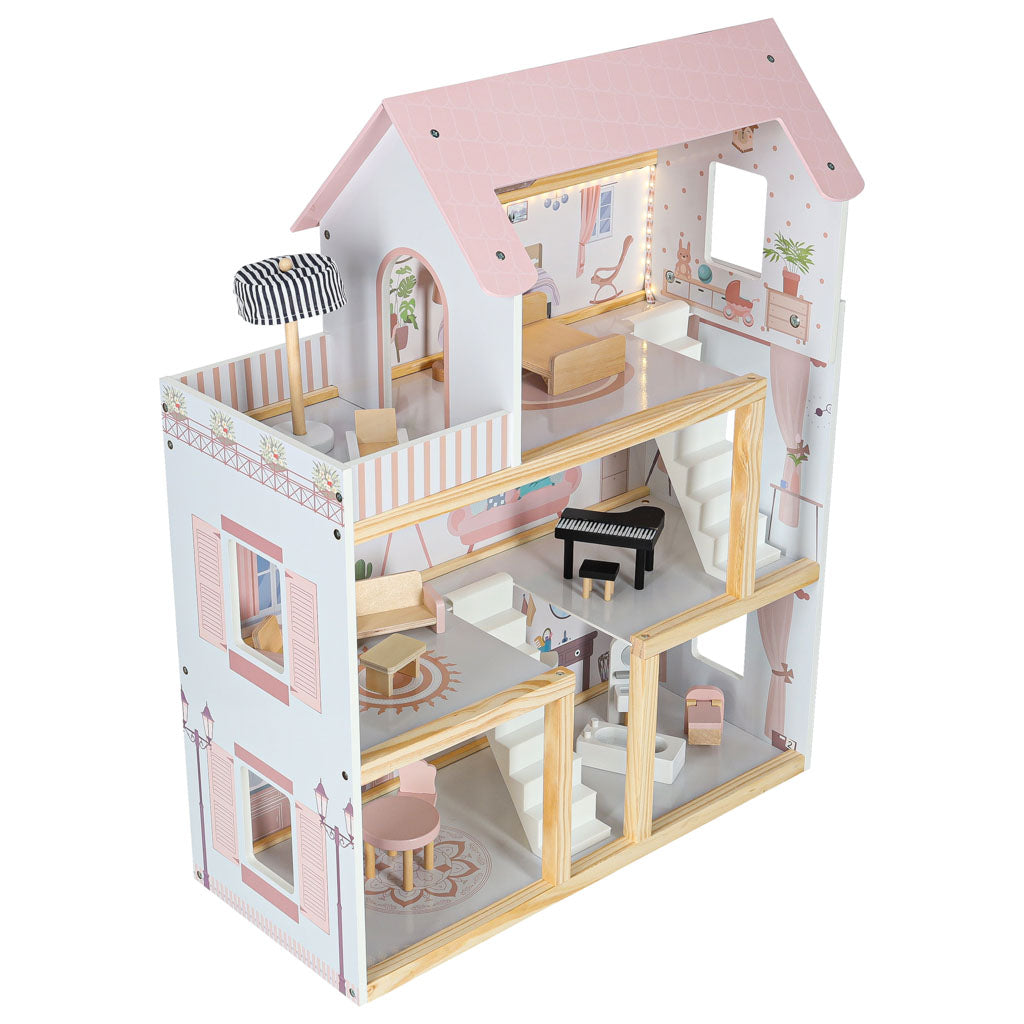 Wooden Dollhouse with Furniture & LED Lights – 78 cm