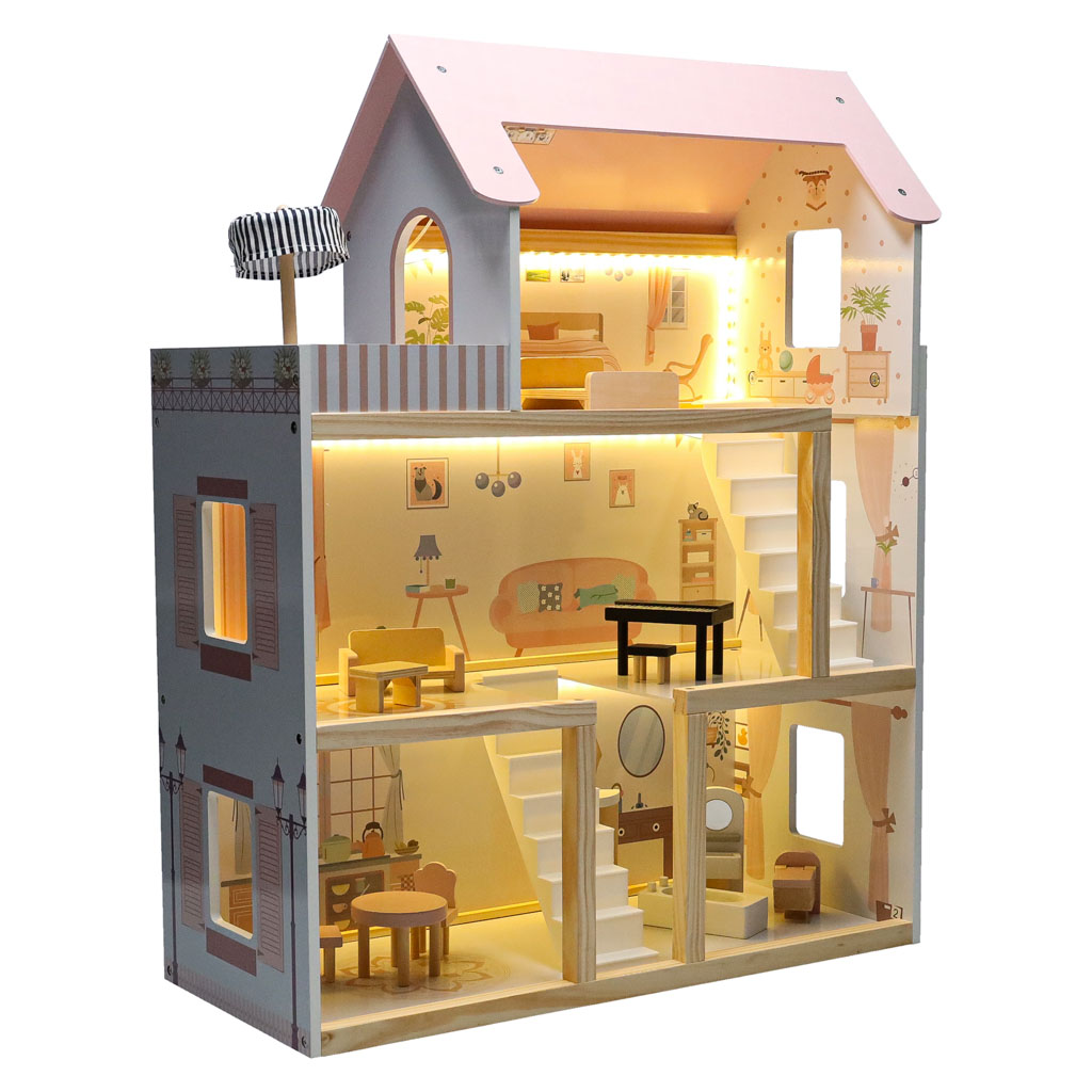Wooden Dollhouse with Furniture & LED Lights – 78 cm