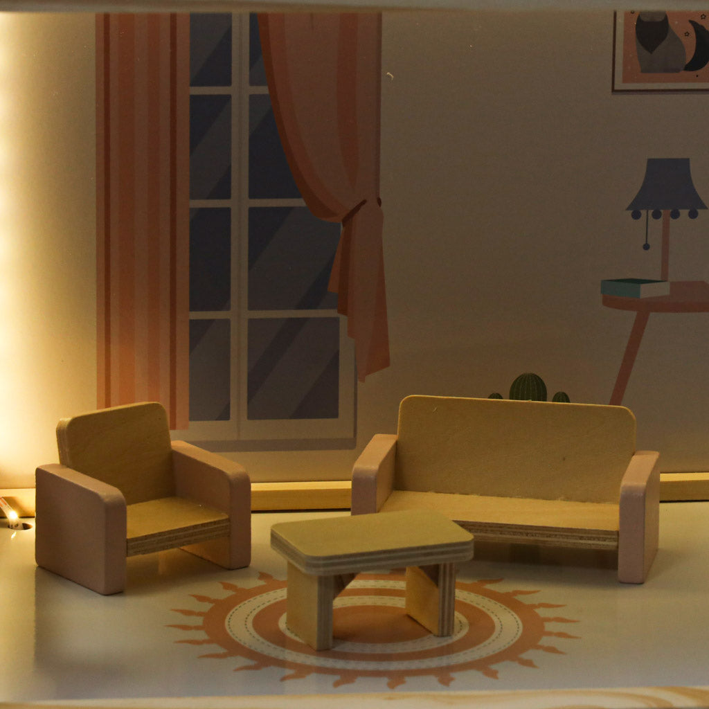 Wooden Dollhouse with Furniture & LED Lights – 78 cm