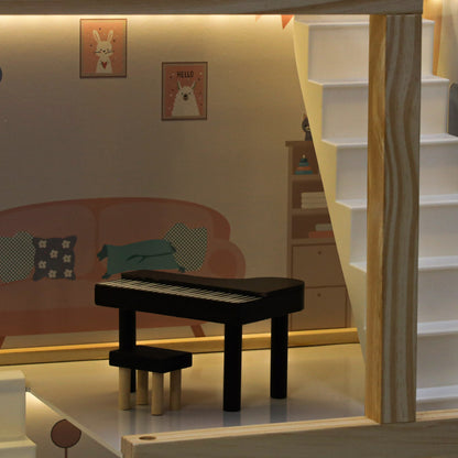 Wooden Dollhouse with Furniture & LED Lights – 78 cm