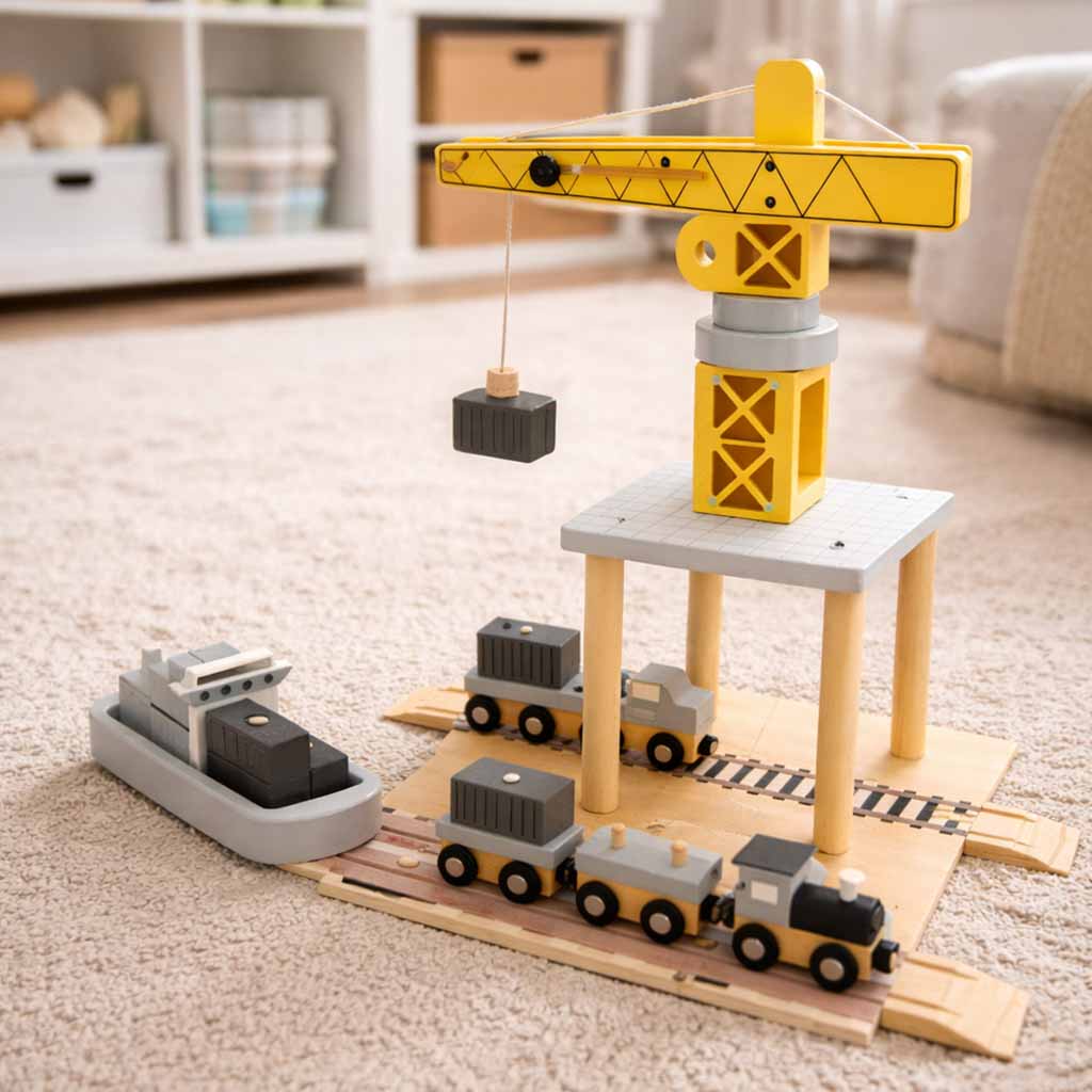 Wooden Crane Port Playset with Ship, Truck & Train – 3+