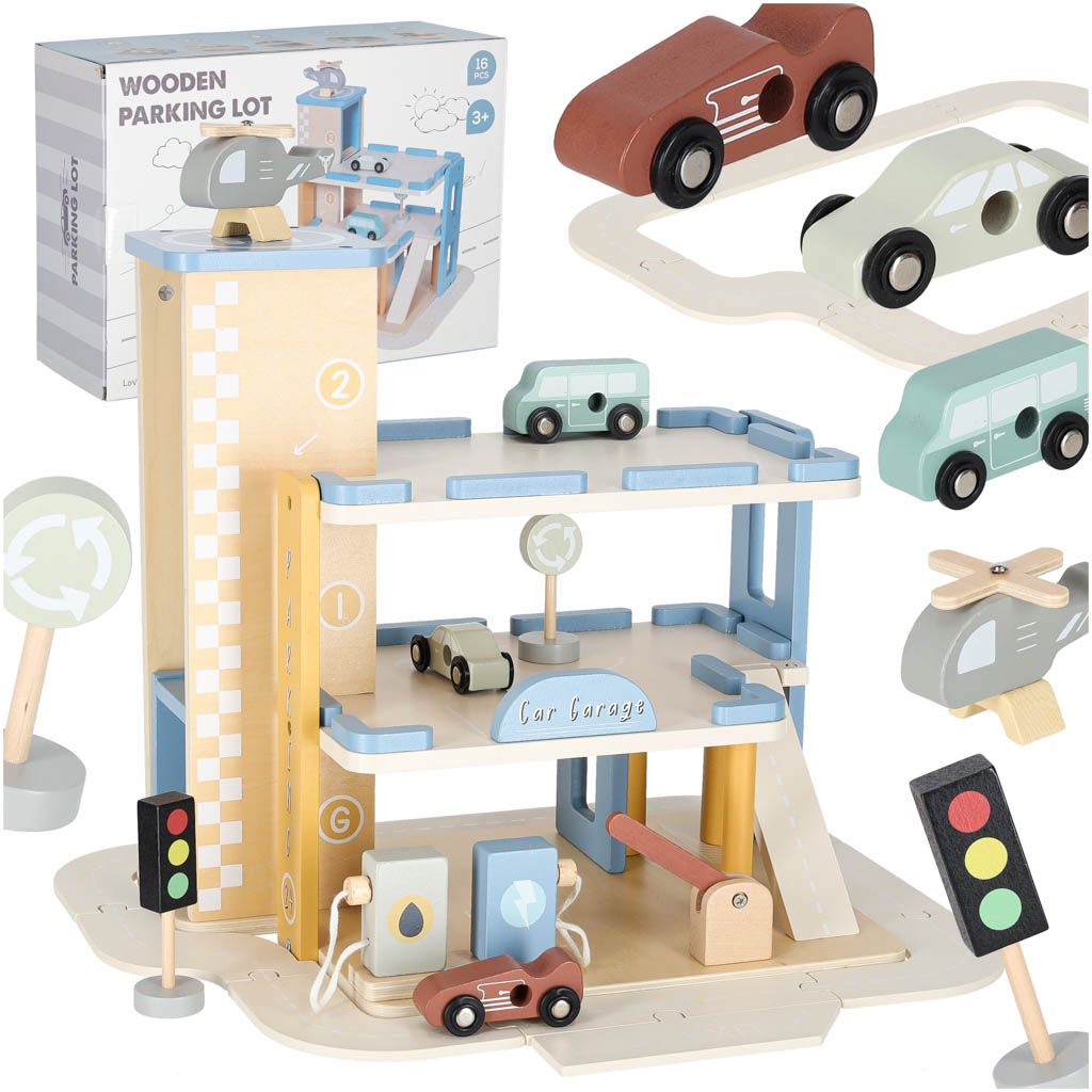 Wooden Parking Garage with Elevator & Gas Station