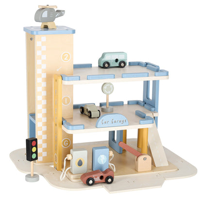 Wooden Parking Garage with Elevator & Gas Station