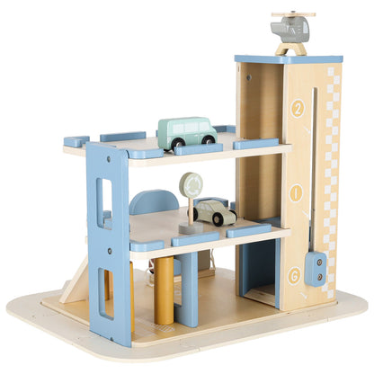 Wooden Parking Garage with Elevator & Gas Station