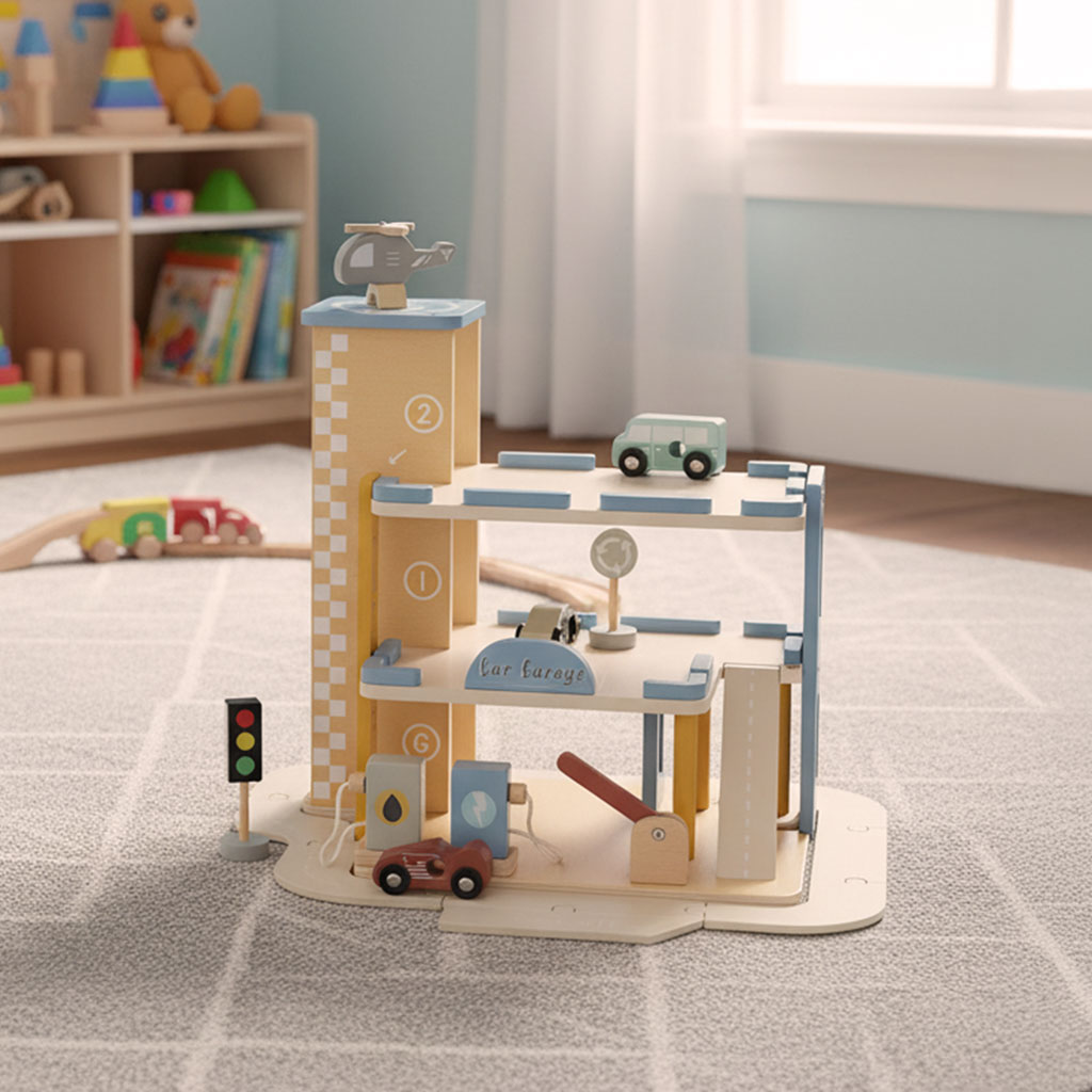 Wooden Parking Garage with Elevator & Gas Station