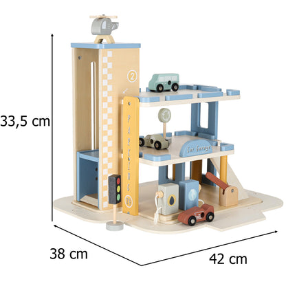 Wooden Parking Garage with Elevator & Gas Station