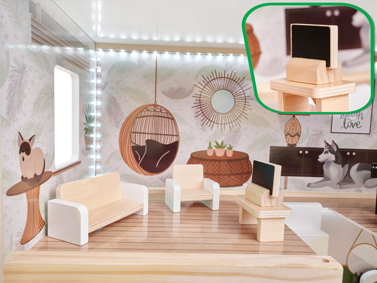 LULILO Floro Boho Drewniany domek dla lalek z oświetleniem LED