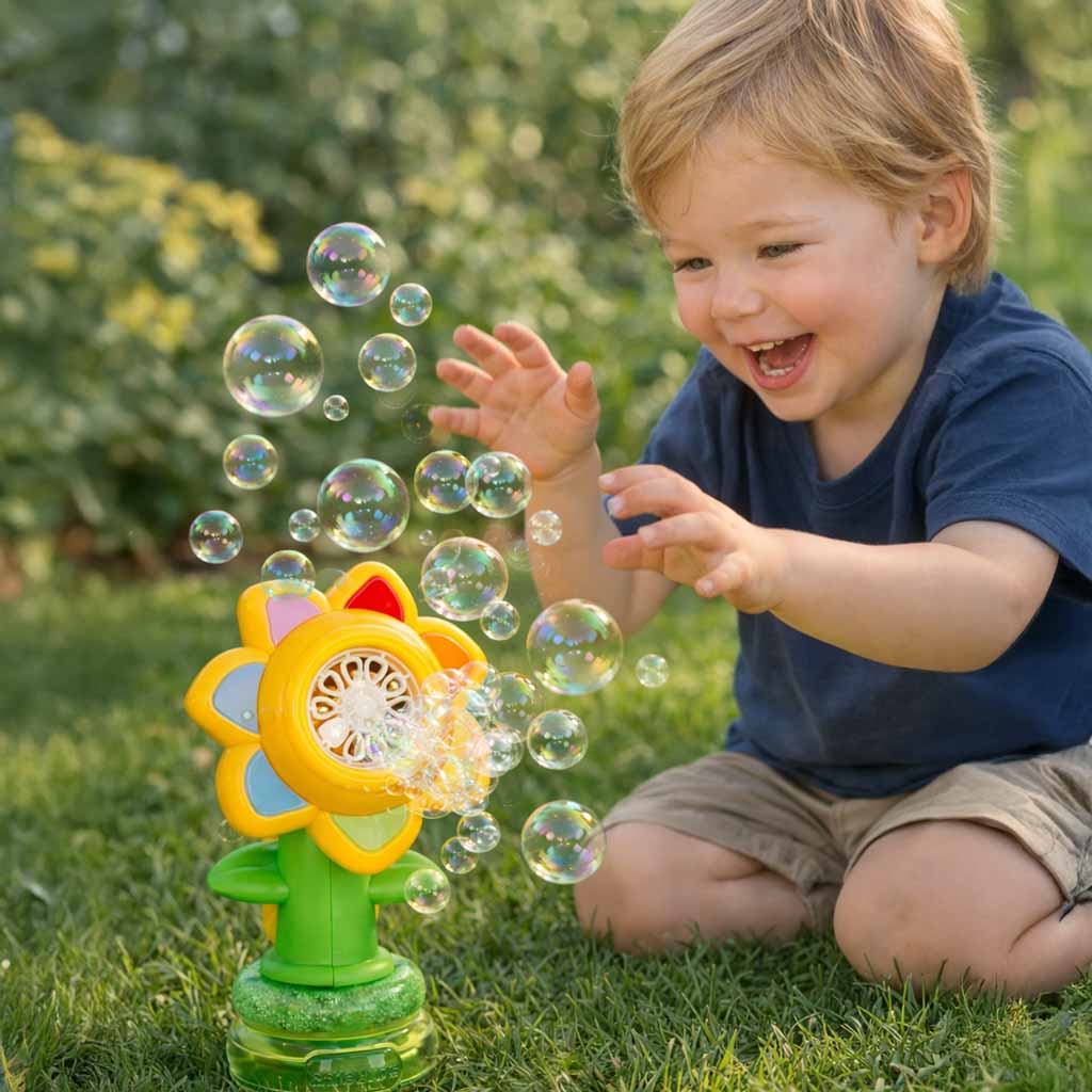 Automatic Flower Bubble Machine for Kids with Lights & Rechargeable Battery