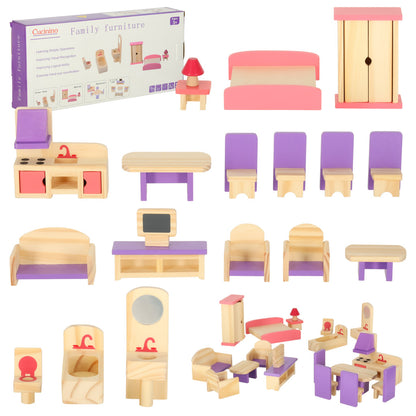 Wooden Dollhouse Furniture Set – 19-Piece Dollhouse Accessories