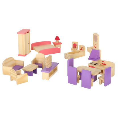 Wooden Dollhouse Furniture Set – 19-Piece Dollhouse Accessories