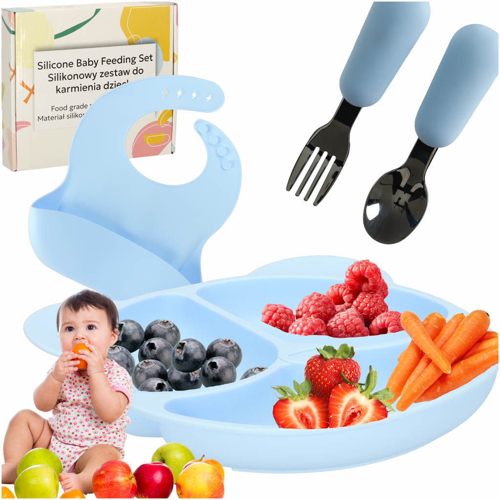 Silikonowy zestaw do karmienia dla maluchów Blue Bear – 4 elementy
