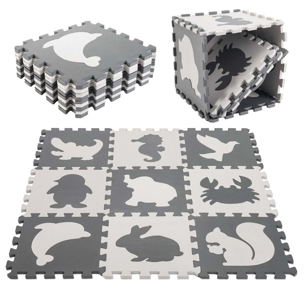 Gray Animal Foam Puzzle Play Mat 85 × 85 cm – 9-Piece EVA Mat