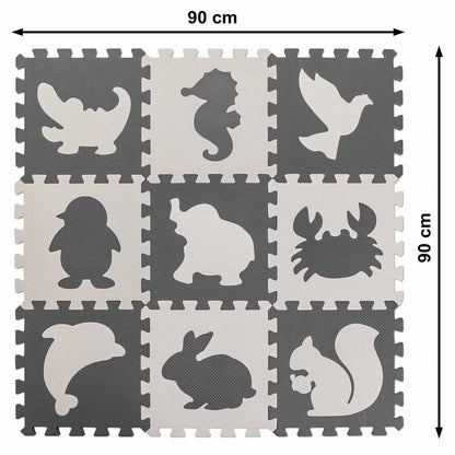 Gray Animal Foam Puzzle Play Mat 85 × 85 cm – 9-Piece EVA Mat