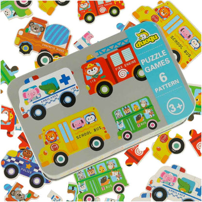 Edukacyjny zestaw puzzli z pojazdami w metalowym pudełku
