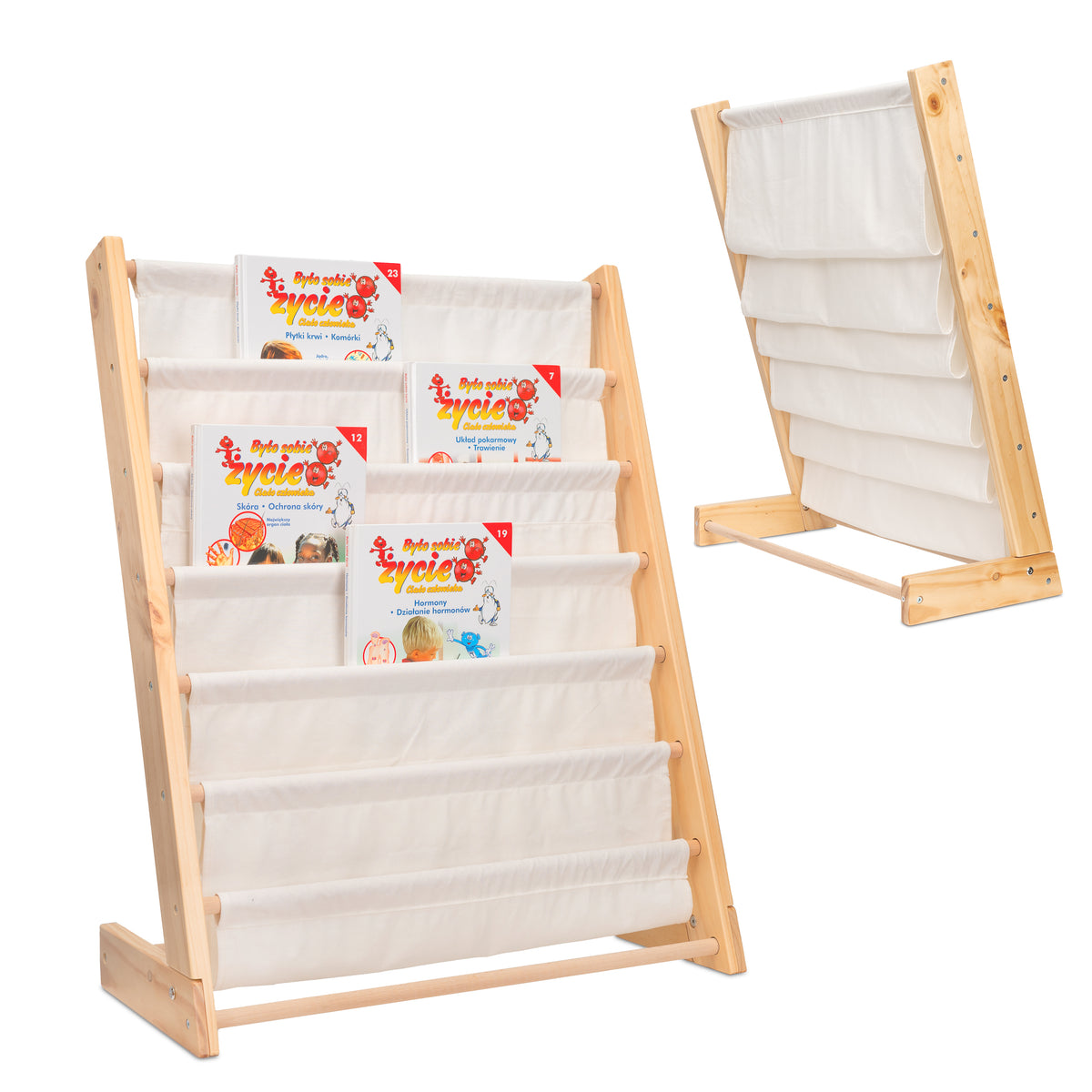 Montessori Kids Wooden Bookshelf with 6 Fabric Pockets