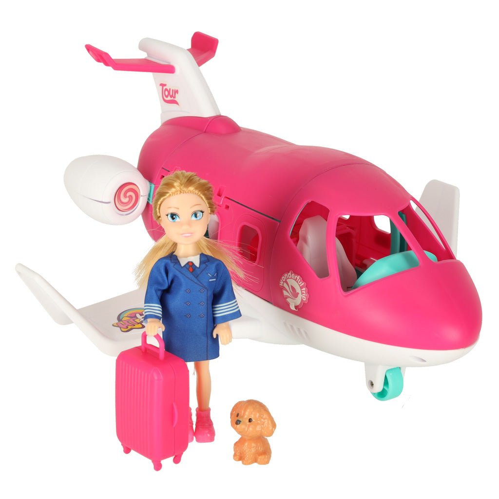 Toy Airplane with Stewardess Doll & Luggage – Foldable Travel Playset