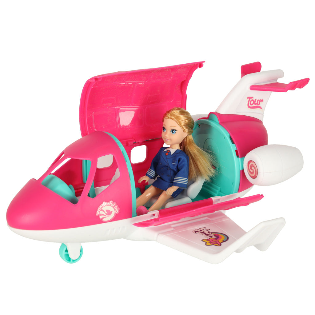 Toy Airplane with Stewardess Doll & Luggage – Foldable Travel Playset