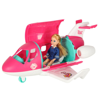 Toy Airplane with Stewardess Doll & Luggage – Foldable Travel Playset