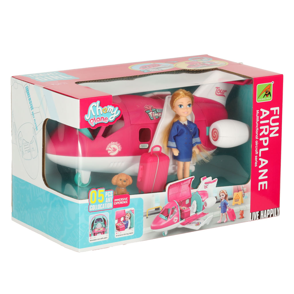 Toy Airplane with Stewardess Doll & Luggage – Foldable Travel Playset