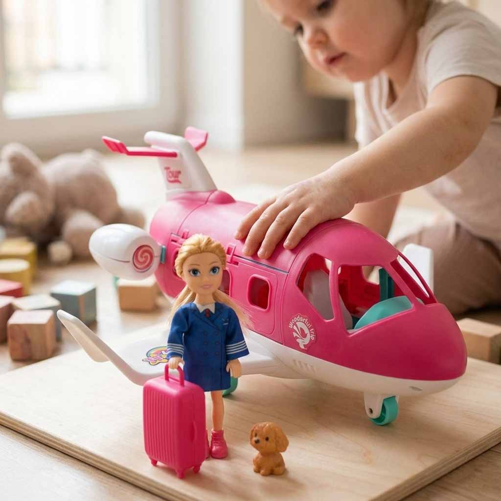 Toy Airplane with Stewardess Doll & Luggage – Foldable Travel Playset