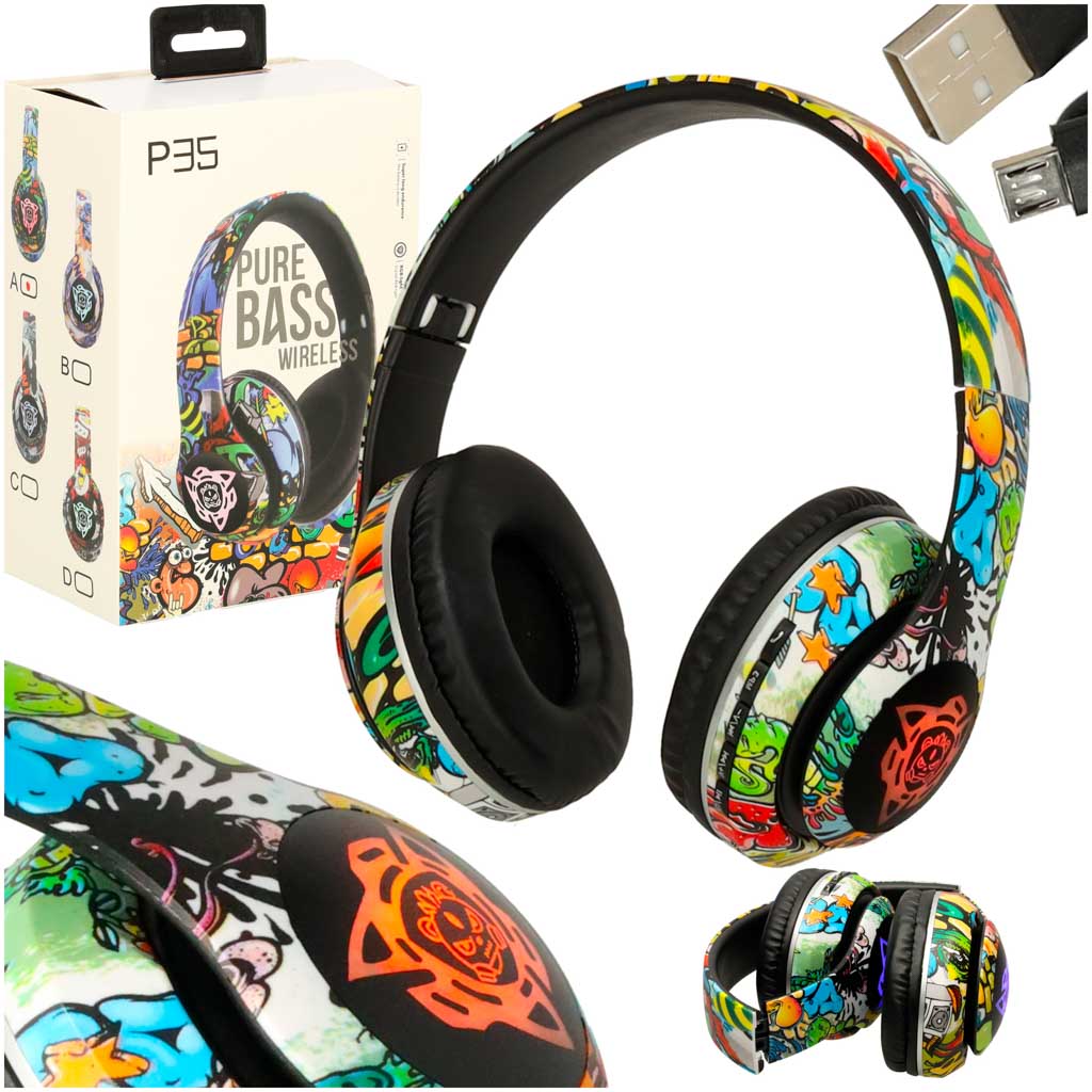 Wireless Bluetooth Headphones with RGB Lights & Graffiti Design