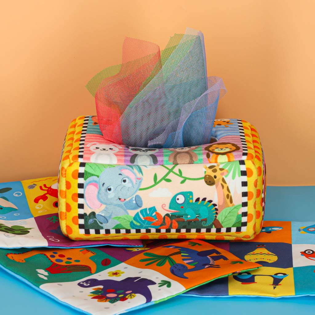 Zabawka sensoryczna typu pudełko z chusteczkami dla niemowląt Montessori
