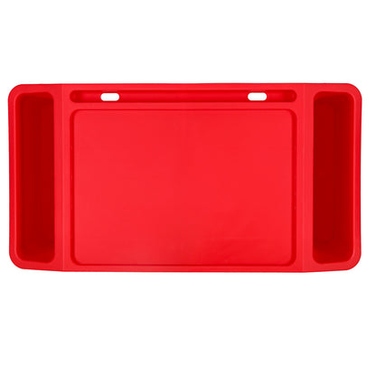 Czerwony stolik pod laptopa z organizerem i podstawką na urządzenie