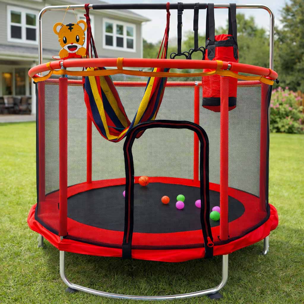 Dziecięca trampolina ogrodowa czerwona z siatką zabezpieczającą i akcesoriami