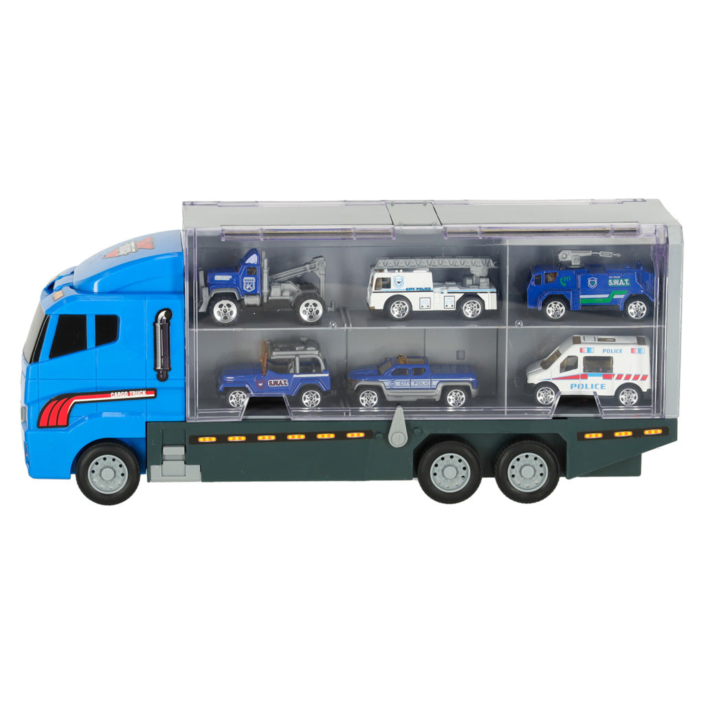 Ciężarówka Policyjna Transporter z 6 Metalowymi Pojazdami Policyjnymi