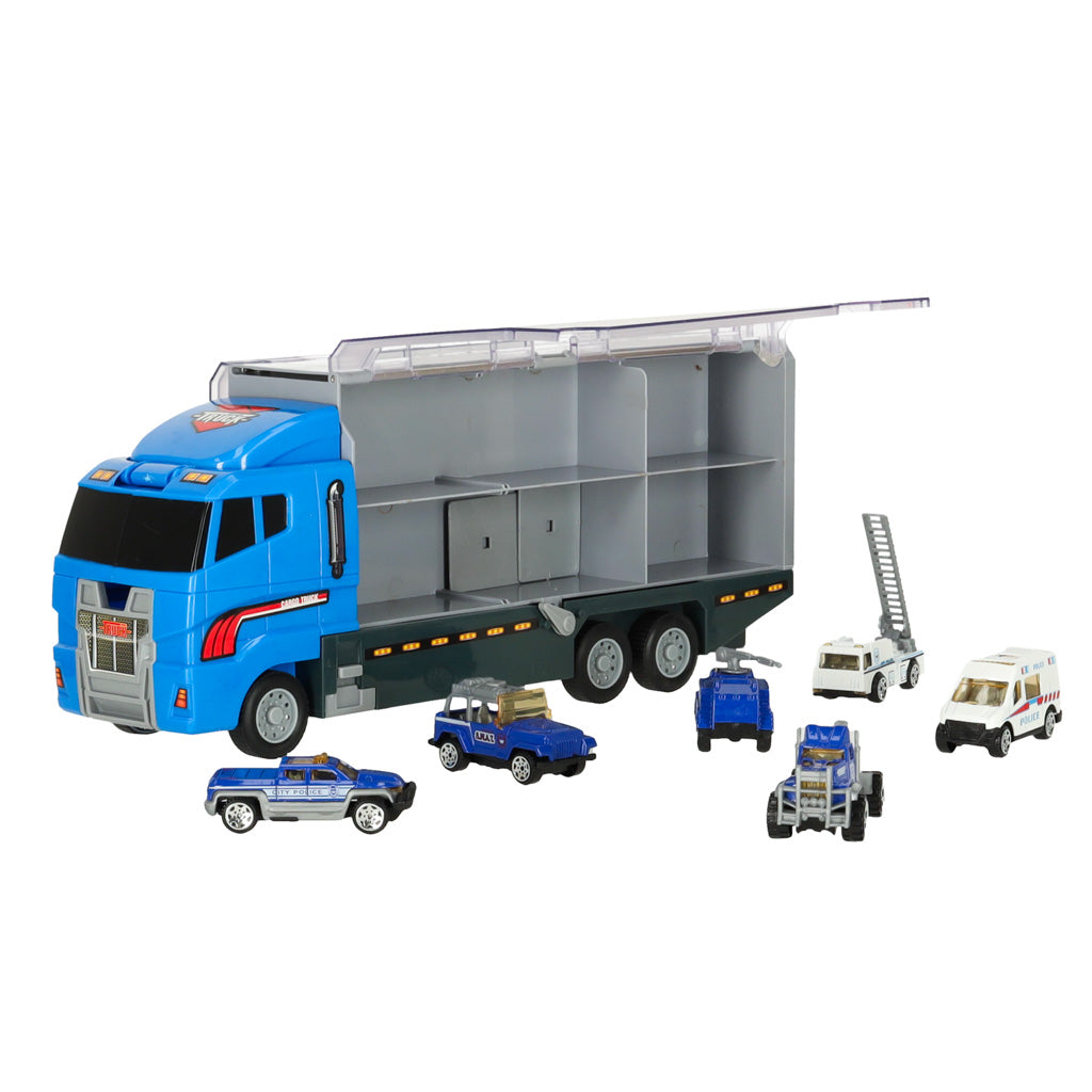 Ciężarówka Policyjna Transporter z 6 Metalowymi Pojazdami Policyjnymi