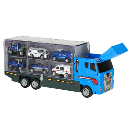 Ciężarówka Policyjna Transporter z 6 Metalowymi Pojazdami Policyjnymi
