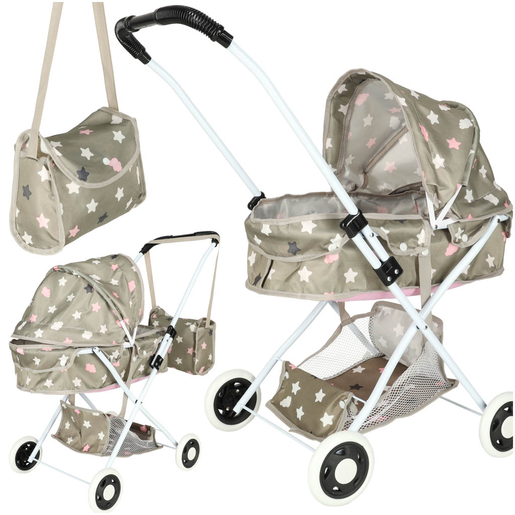 Doll Pram Stroller with Bassinet, Bag & Storage Shelf