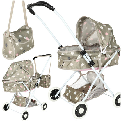 Doll Pram Stroller with Bassinet, Bag & Storage Shelf