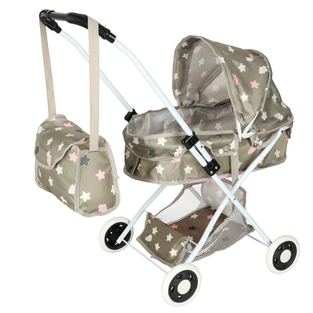 Doll Pram Stroller with Bassinet, Bag & Storage Shelf