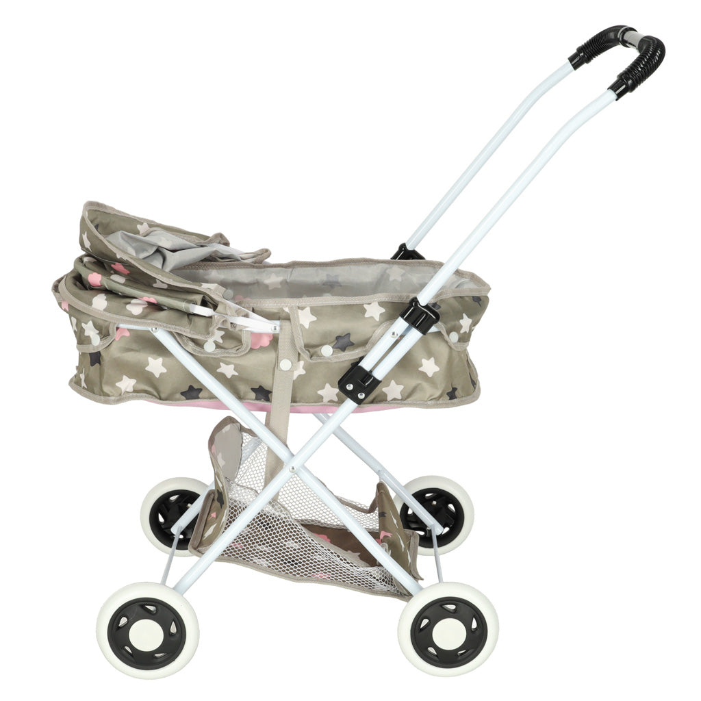 Doll Pram Stroller with Bassinet, Bag & Storage Shelf