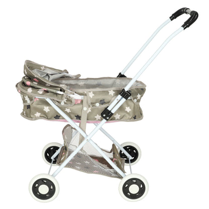 Doll Pram Stroller with Bassinet, Bag & Storage Shelf