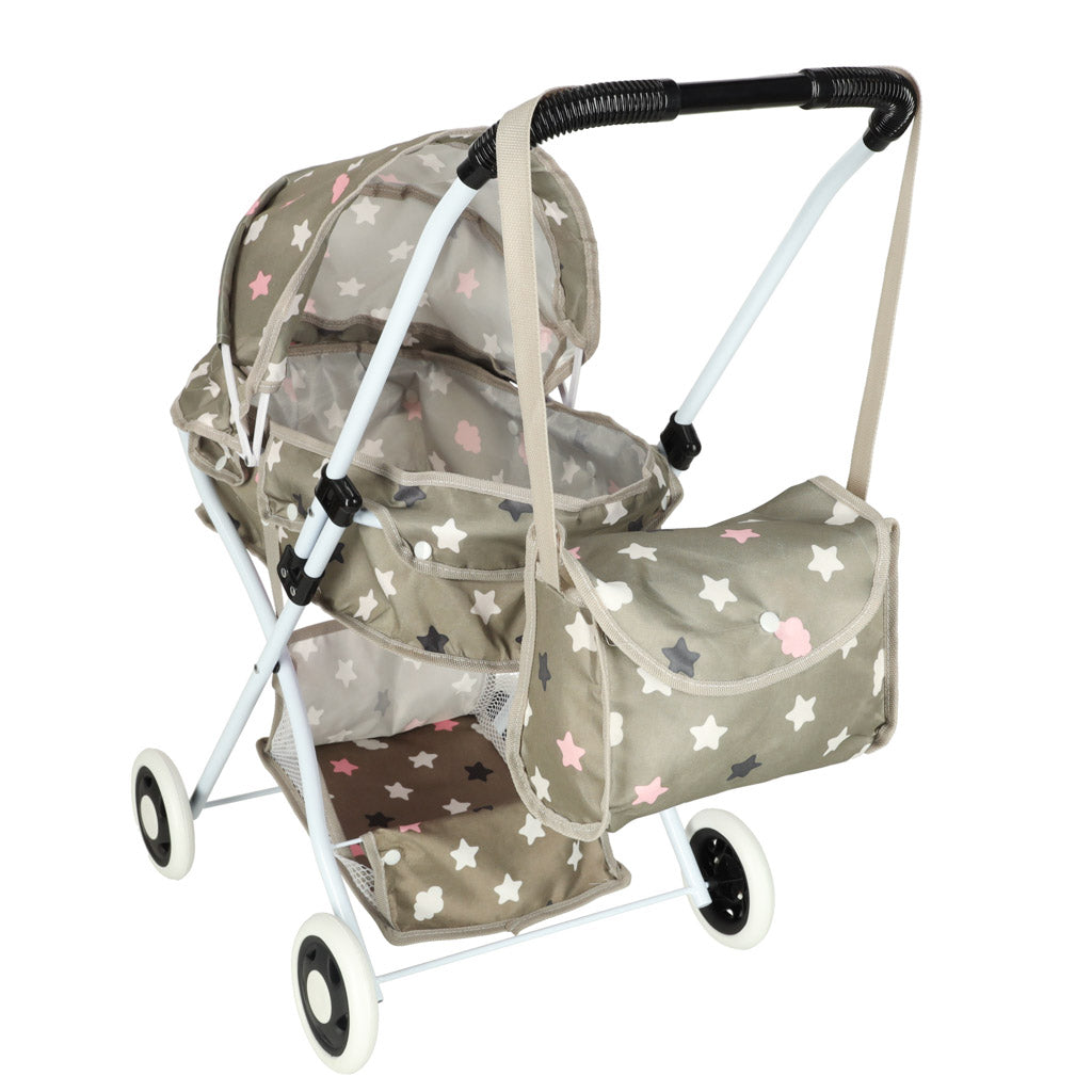 Doll Pram Stroller with Bassinet, Bag & Storage Shelf